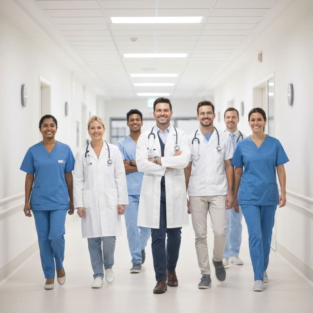 Healthcare workers in white coats and scrubs walking towards camera